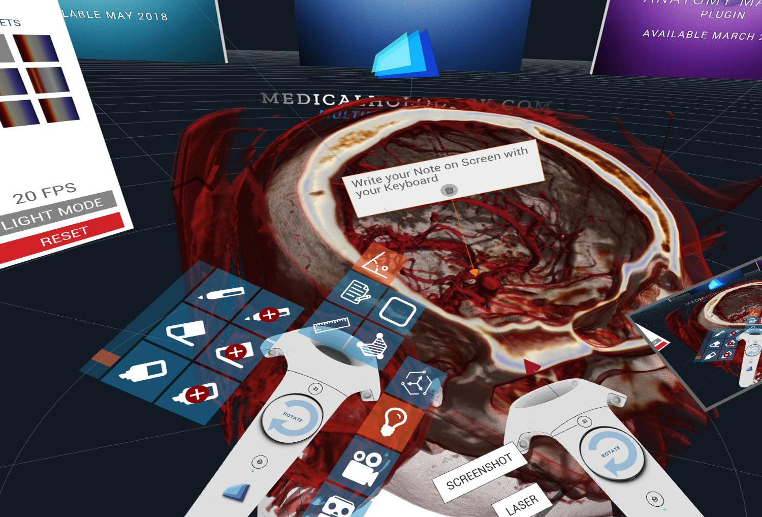 The Medical and Human Anatomy DICOM viewer for Virtual Reality VR</strong>: place annotations in the 3D DICOM file. Collaborate online in virtual space, save, export and share your work. View 3D files and DICOM files together with other users in the Medicalholodeck Cloud version